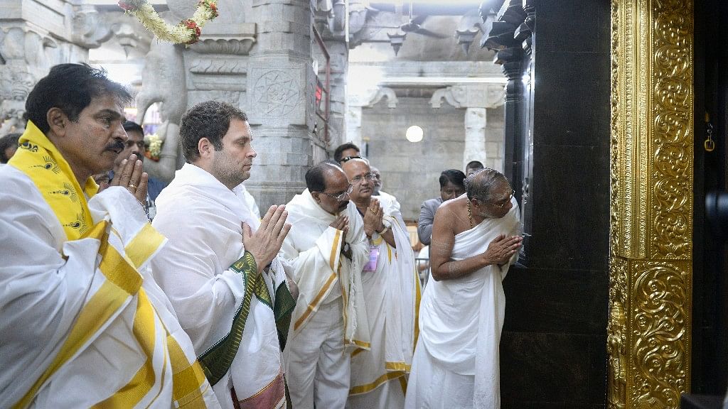 Congress President Rahul Gandhi offer prayers at Sharadamba Temple, Sringeri Mutt, during his visit to Karnataka.