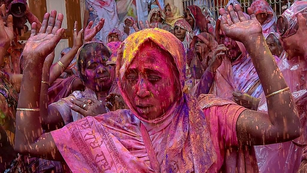 Widows celebrate the festival of Holi in Vrindavan.&nbsp;