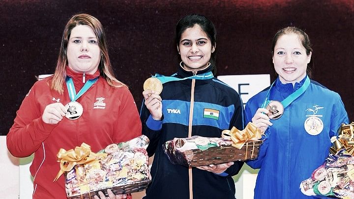 India’s Manu Bhaker with her gold medal in the 10m Air Pistol Women Final at  the ISSF World Cup.