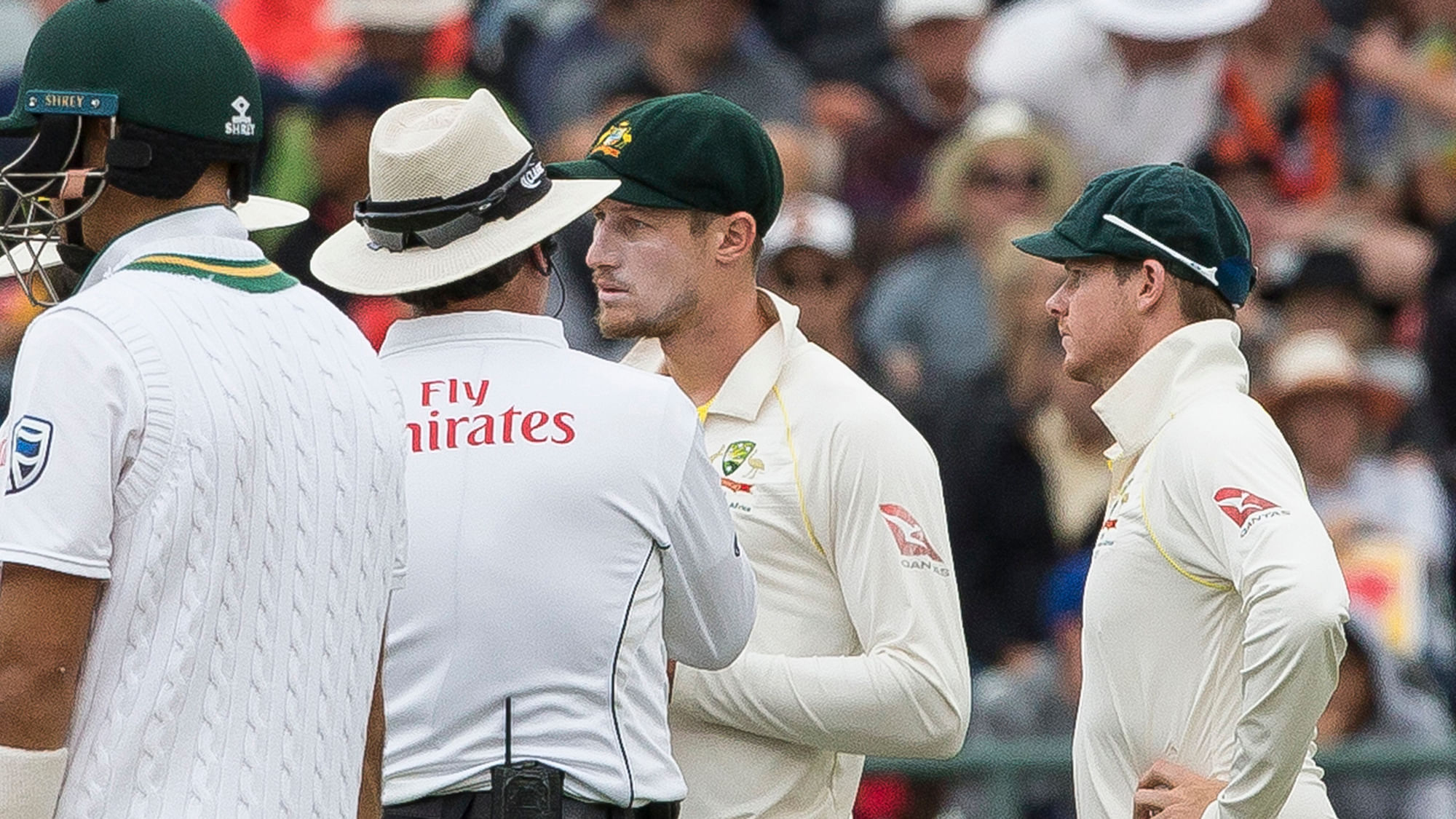 Cameron Bancroft of Australia is questioned by umpires over ball tampering on the third day of the third cricket test between South Africa and Australia  at Newlands Stadium, in Cape Town, South Africa, Saturday, March 24, 2018. &nbsp;