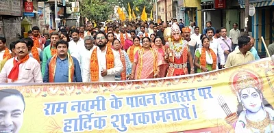Trinamool Congress workers participate in a rally organised on Ram Navami in Kolkata on 25 March 2018.