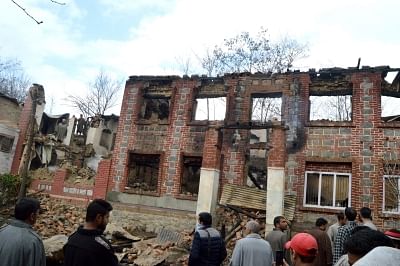 Srinagar: The site of gunfight on the outskirts of Srinagar in which two militants belonging to Islamic State (IS) affiliated group were killed on Thursday night in Balhama area, on March 16, 2018. (Photo: IANS)