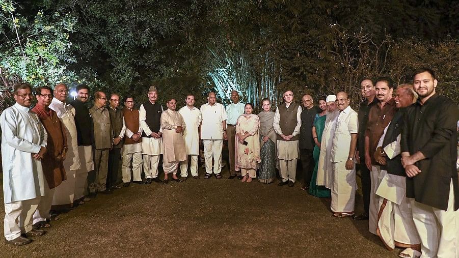 UPA chairperson Sonia Gandhi with opposition leaders before a dinner at her 10, Janpath residence.