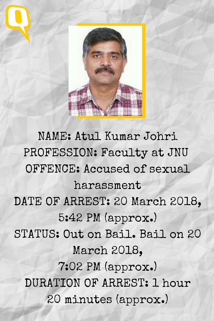 Johri, accused of sexual misconduct by nine JNU students, received bail within 80 minutes of his arrest.