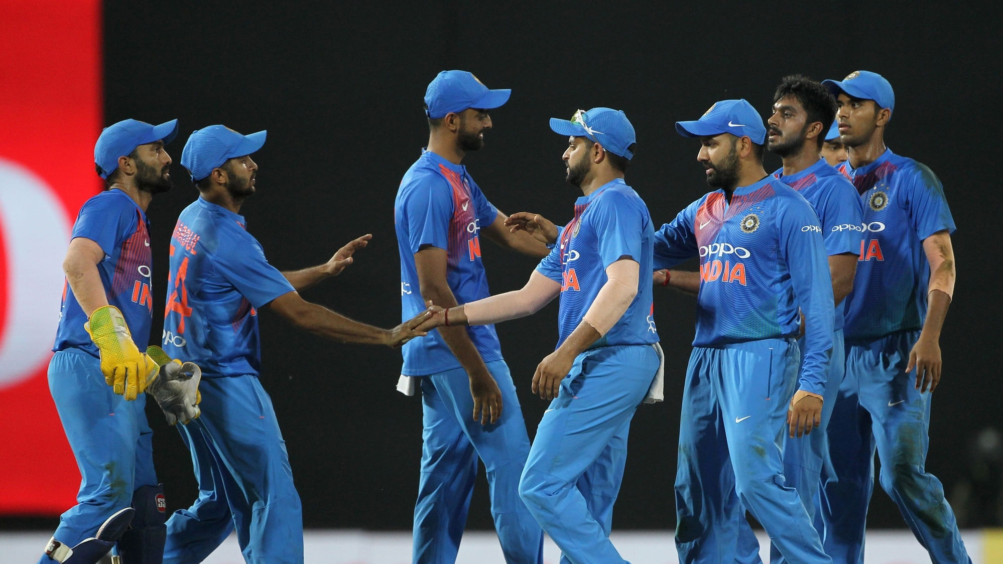 India celebrate a wicket during their 2nd match of 2018 Nidahas Twenty20 Tri-Series between India and Bangladesh at R.Premadasa Stadium in Colombo