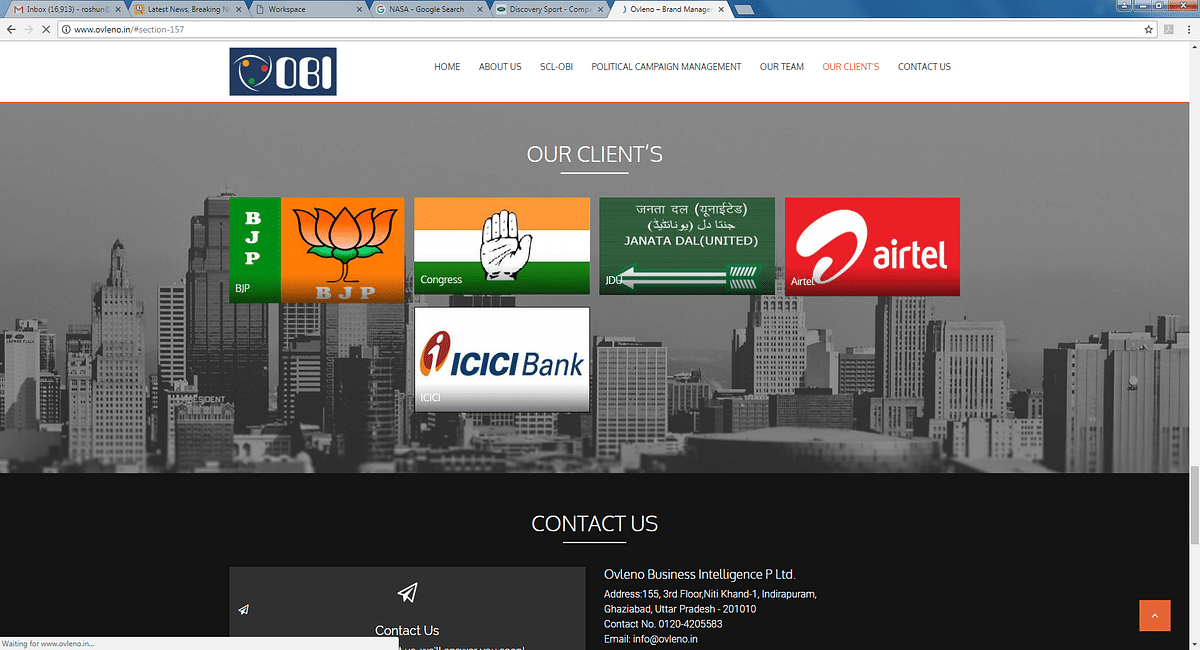 According to Ovleno Business Intelligence’s website, its clients include the BJP, Congress and JD(U).