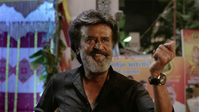 Rajinikanth in a still from the movie <i>Kaala</i>. The songs in the movie are loaded with a political message, and a call to the actor to enter politics.