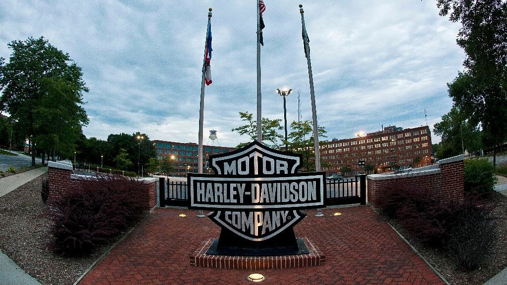A sign is seen outside the Harley-Davidson headquarters in Milwaukee.