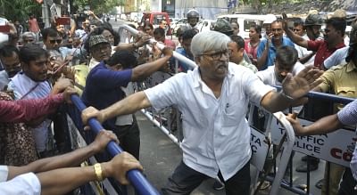 Kolkata: CPI(M) MLA and leader of the Left Legislative Party Sujan Chakraborty during a demonstration against the West Bengal government, at the state election commissioner