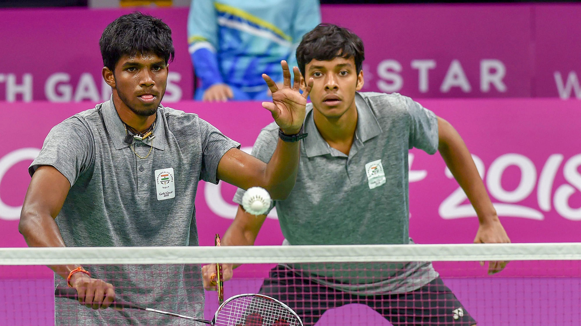India’s men’s doubles pair of Satwik Rankireddy and Chirag Shetty in action during the 2018 Commonwealth Games.