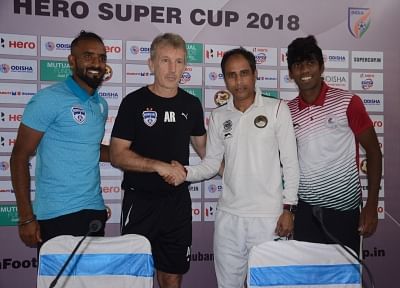 Bhubaneswar: Bengaluru FC coach Albert Roca and Mohun Bagan coach Sankarlal Chakraborty during a press conference in Bhubaneswar on April 16, 2018. (Photo: IANS)