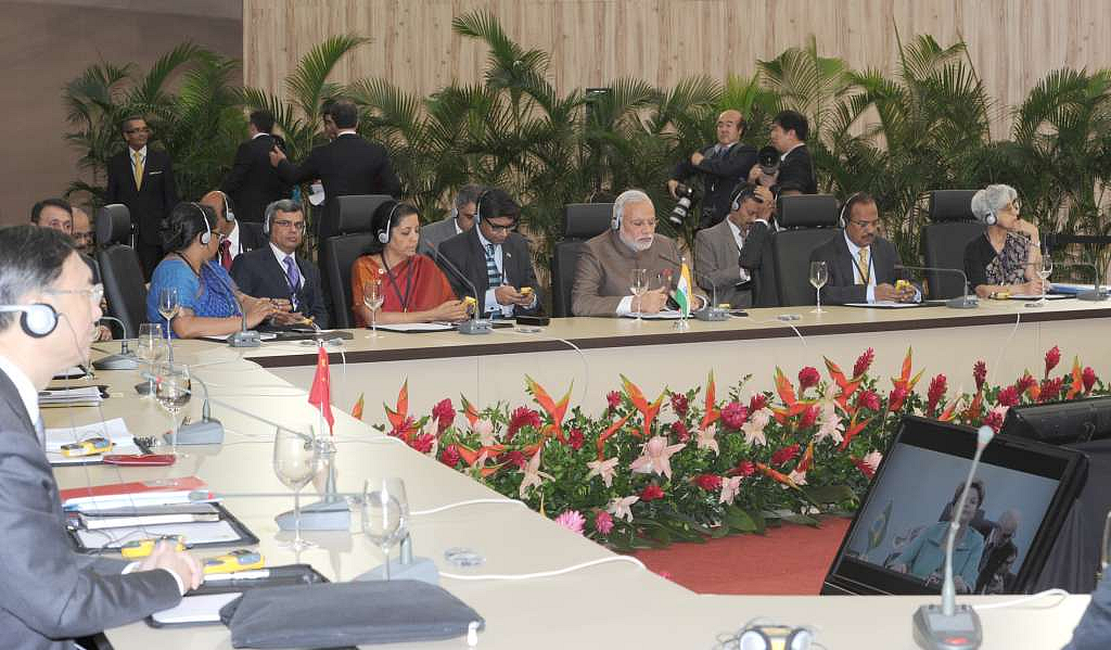 File photo of now Defence Minister Nirmala Sitharaman, Prime Minister Narendra Modi and National Security Advisor Ajit Doval meeting Chinese delegates at the Sixth BRICS Summit, in Brazil on July 15, 2014.