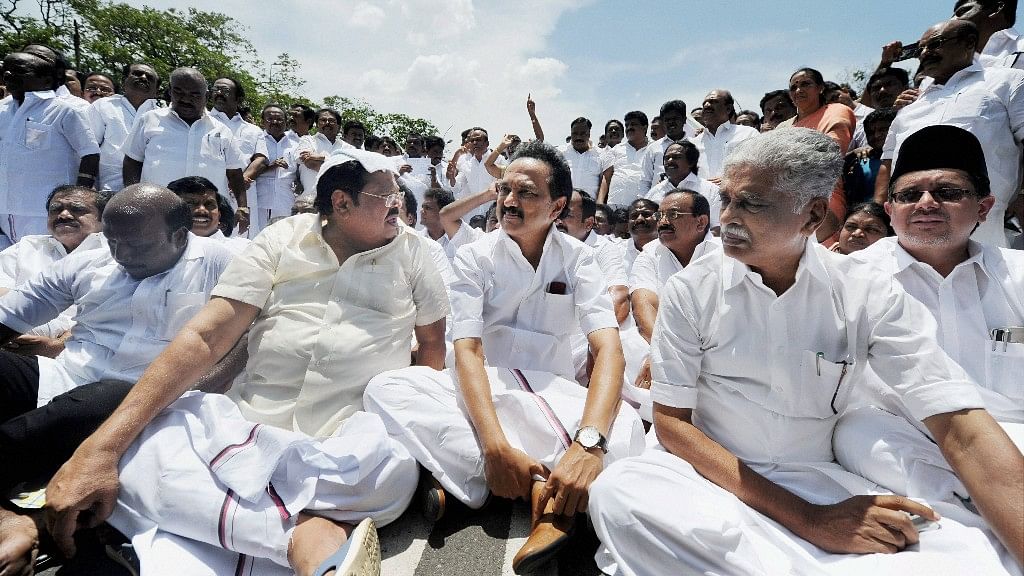 DMK MLAs, including MK Stalin, protest against eviction from TN assembly. Image used for representational purposes.&nbsp;