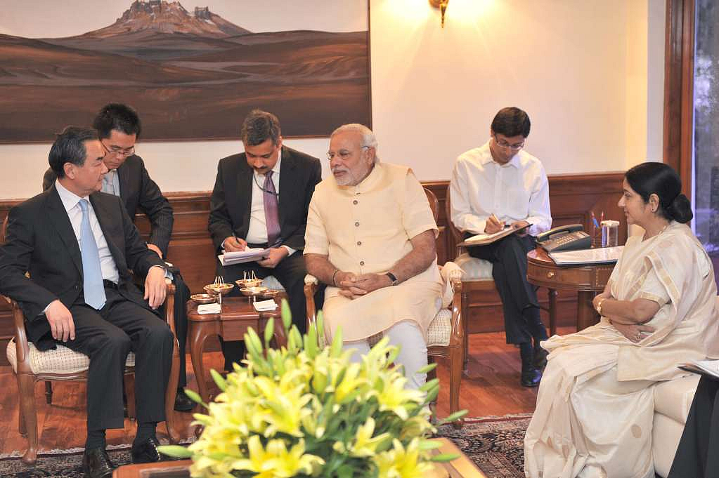 Minister of Foreign Affairs of the People’s Republic of China Wang Yi meets Prime Minister Narendra Modi and Minister for External Affairs Sushma Swaraj in New Delhi, on June 9, 2014.