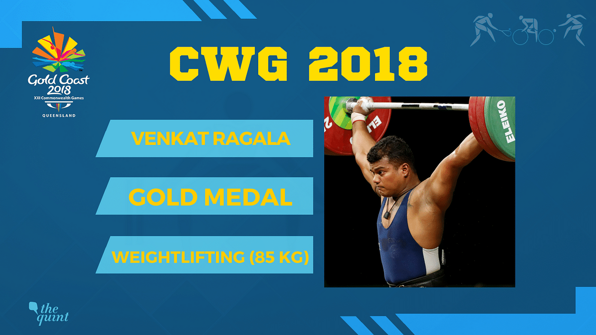 Venkat Rahul Ragala wins a gold medal in the 85 kg category, with a total lift of 338 kg. 