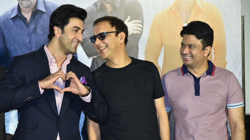 Ranbir Kapoor, Vidhu Vinod Chopra and Bhushan Kumar at the<i> Sanju </i>teaser launch.&nbsp;