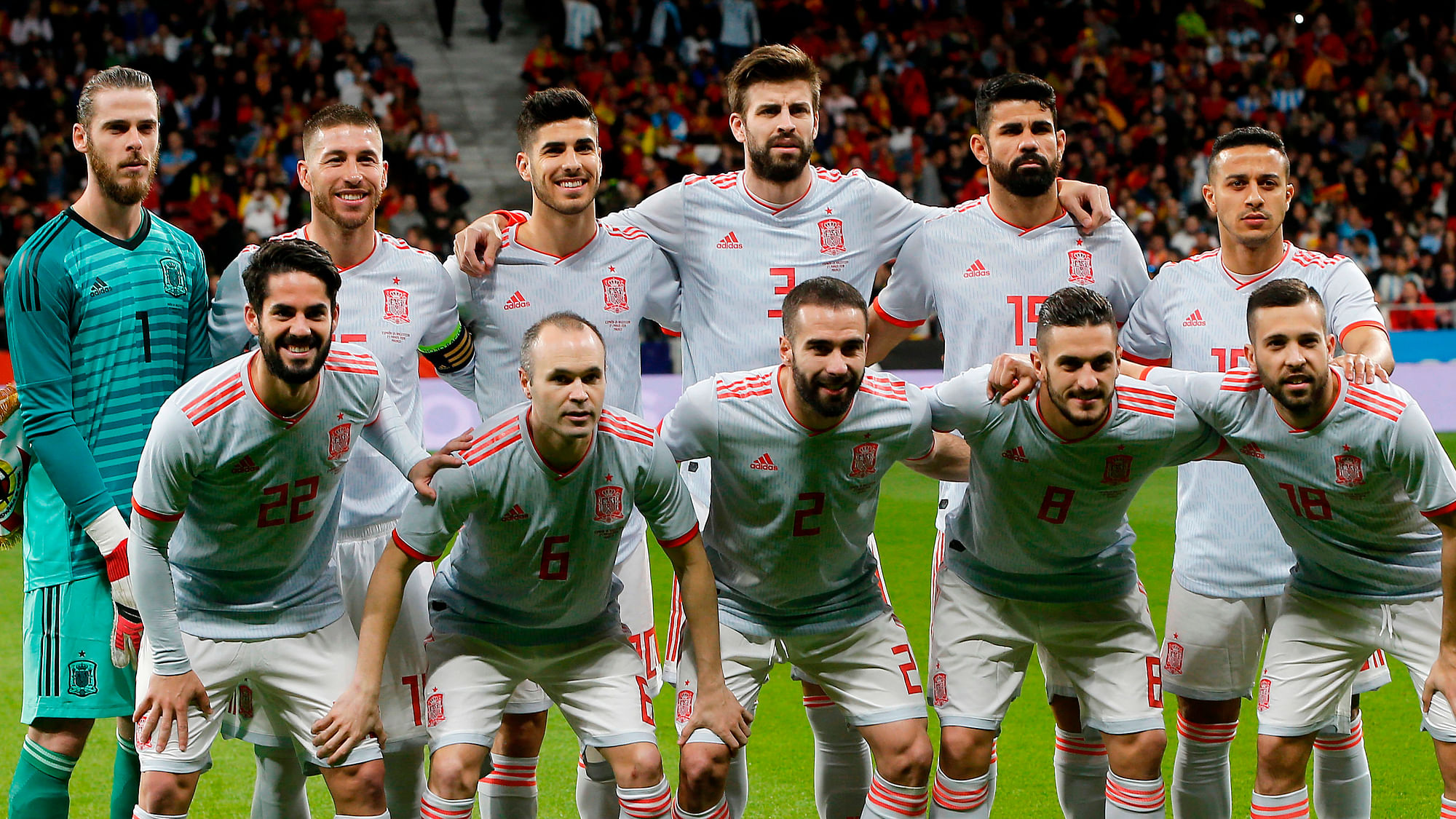 FILE - In this Tuesday, March 27, 2018 file photo, Spain’s team poses for a team photo prior the international friendly soccer match between Spain and Argentina at the Wanda Metropolitano stadium in Madrid.&nbsp;