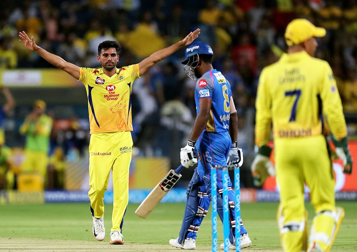 Pune: Deepak Chahar of Chennai Super Kings celebrates the wicket of Sanju Samson of Rajasthan Royals during an IPL game in Pune on Friday. 