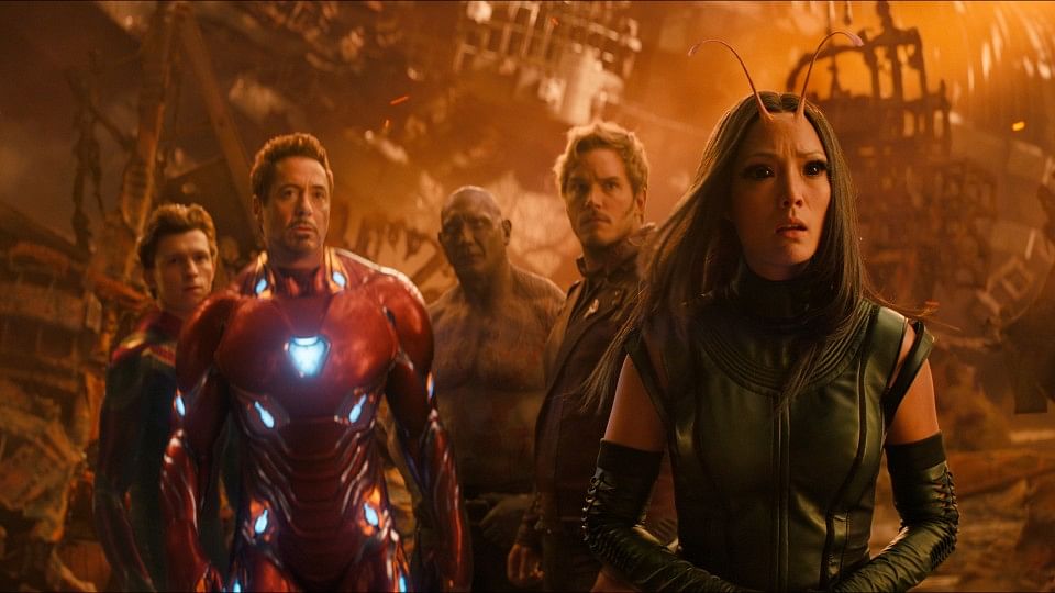 From left, Tom Holland, Robert Downey Jr, Dave Bautista, Chris Pratt and Pom Klementieff in a scene from <i>Avengers: Infinity War</i>.