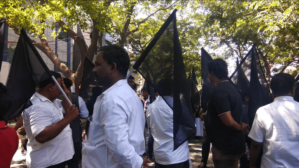 Protesters hold black flags condemning PM Modi’s visit to Chennai in view of the ongoing Cauvery dispute.&nbsp;