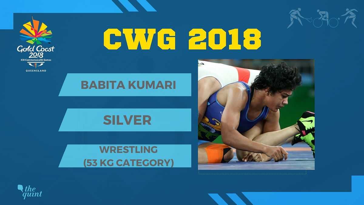 Wrestler Babita Kumari settles for silver in the 53 kg category after losing 2-5 to Canada’s Diana Weicker.