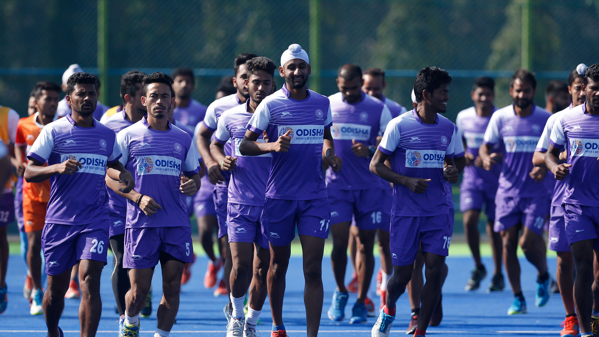 The Indian men’s hockey team at a practise session in Bangalore.