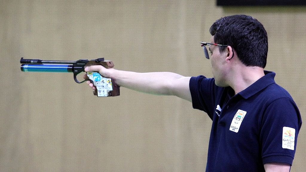 Jitu Rai competes in the men’s 10m Air Pistol final at the Belmont Shooting Centre during the 2018 Commonwealth Games in Australia.&nbsp;