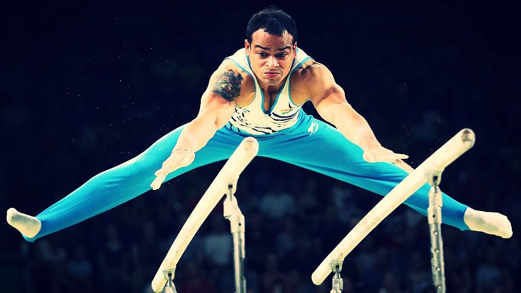 India’s Rakesh Patra competes on the parallel bars during the men’s artistic gymnastics competition at CWG 2018.