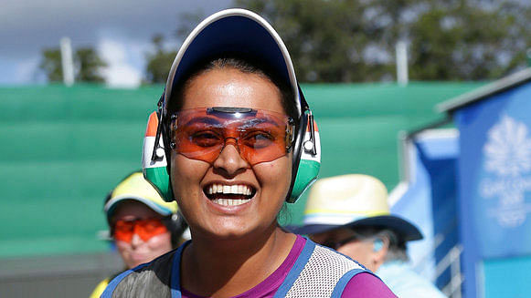 Shreyasi Singh of India reacts after winning a gold medal at the 21st Commonwealth Games.
