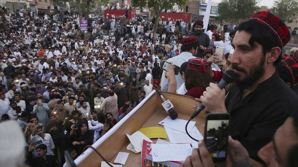 Manzoor Pashteen, a leader of Pashtun Protection Movement, addresses his supporters during a rally in Lahore, Pakistan.