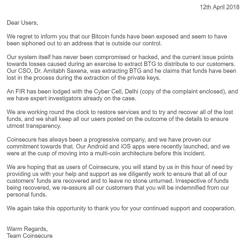 Coinsecure’s site was down, and this message was posted to customers.