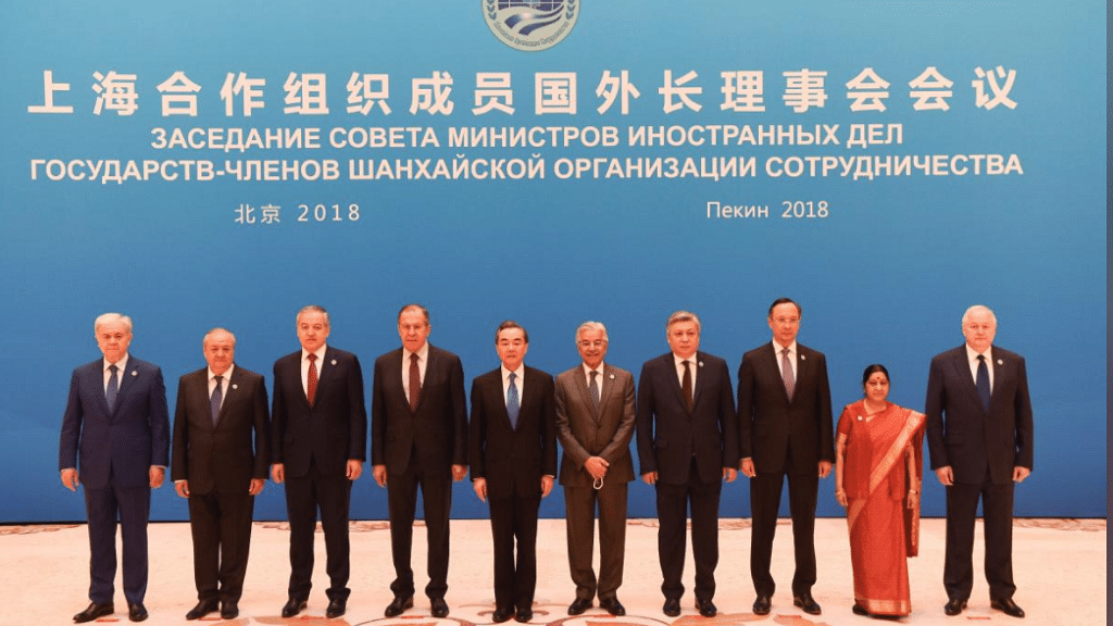 Foreign ministers and officials of the Shanghai Cooperation Organisation (SCO) pose for a group photo before a meeting at the Diaoyutai State Guest House in Beijing, China.