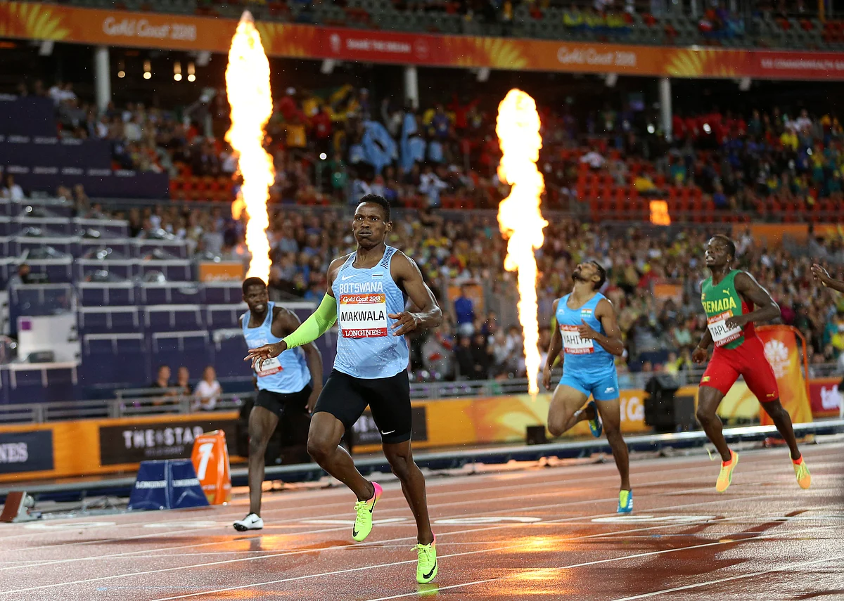 Botswana’s Isaac Makawala celebrates as he crosses the finish line to win the men’s 400m final at Carrara Stadium during the 2018 Commonwealth Games on the Gold Coast, Australia, Tuesday, April 10, 2018. 