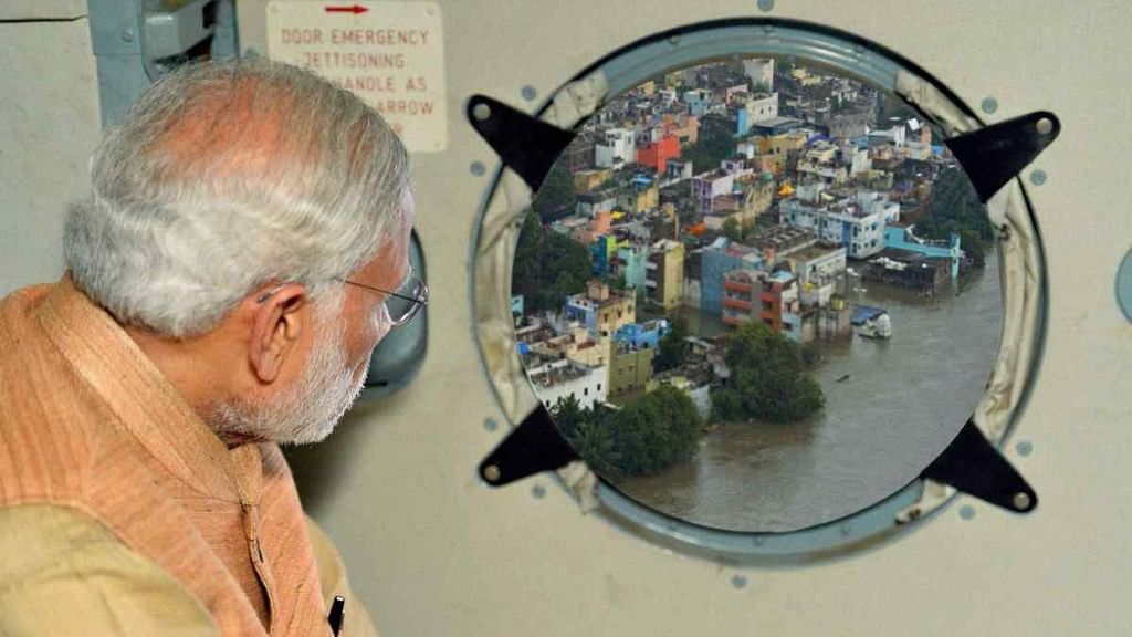 The Press Information Bureau tweeted a photo of Prime Minister Narendra Modi making an aerial survey of flood-hit Chennai and adjoining areas in 2015.