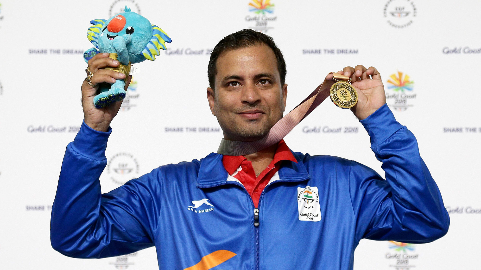 Sanjeev Rajput of India celebrates winning the gold medal at the men’s 50m Rifle 3P final at the Belmont Shooting Centre during the 2018 Commonwealth Games in Brisbane, Australia