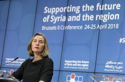 BRUSSELS, April 25, 2018 (Xinhua) -- EU foreign policy chief Federica Mogherini speaks during a press conference after the conference on "Supporting the future of Syria and the region" at EU council headquarters in Brussels, Belgium, April 25, 2018. (Xinhua/Thierry Monass/IANS)