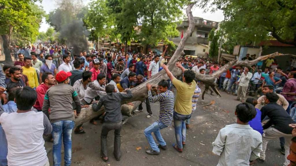 Demonstrators block a road with a tree as they stage a protest during Bharat Bandh against the alleged dilution of Scheduled Castes Scheduled Tribes act, in Ahmedabad on 2 April.