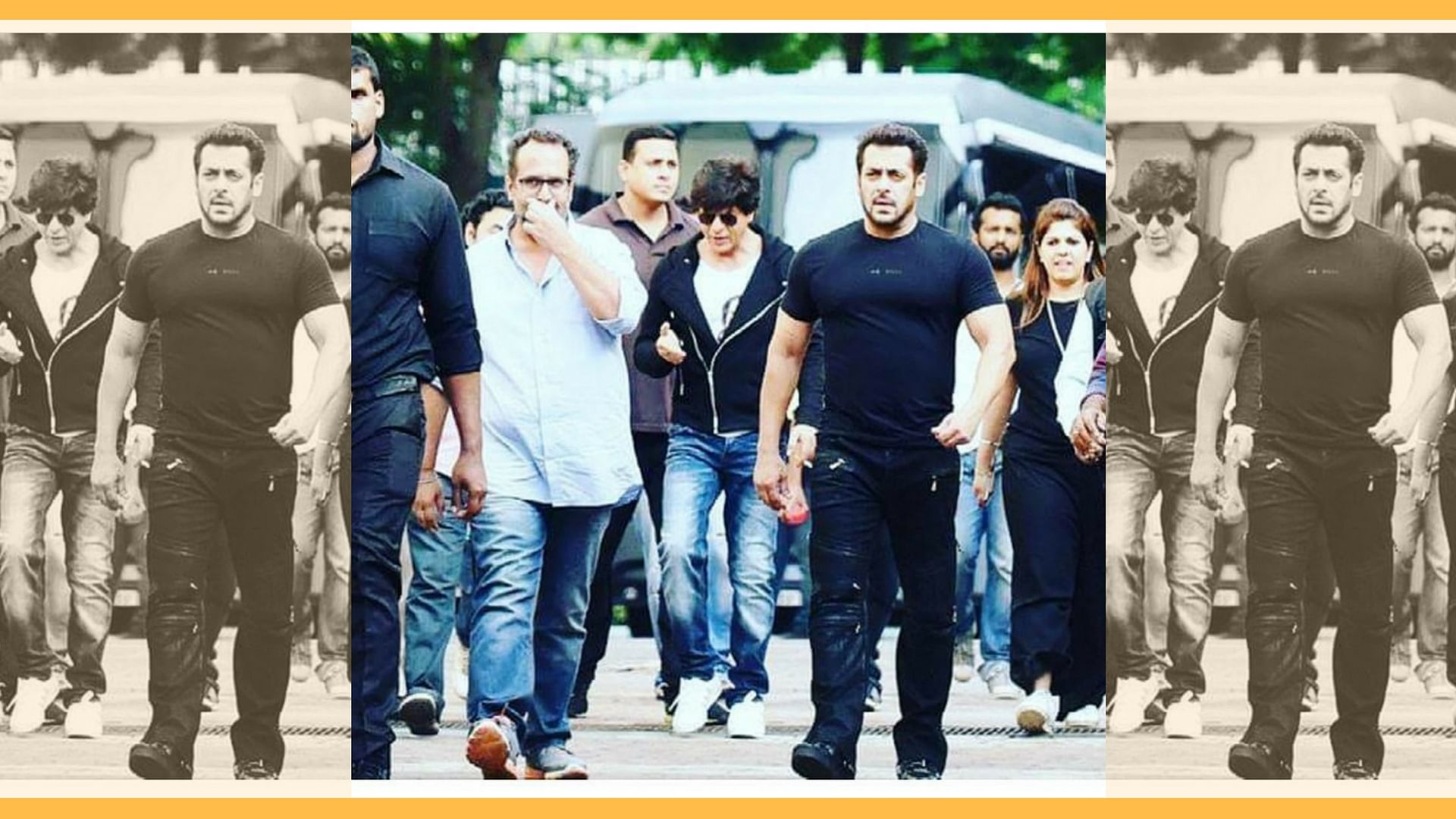 Aanand L Rai with Shah Rukh and Salman Khan on the sets of <i>Zero.</i>&nbsp;