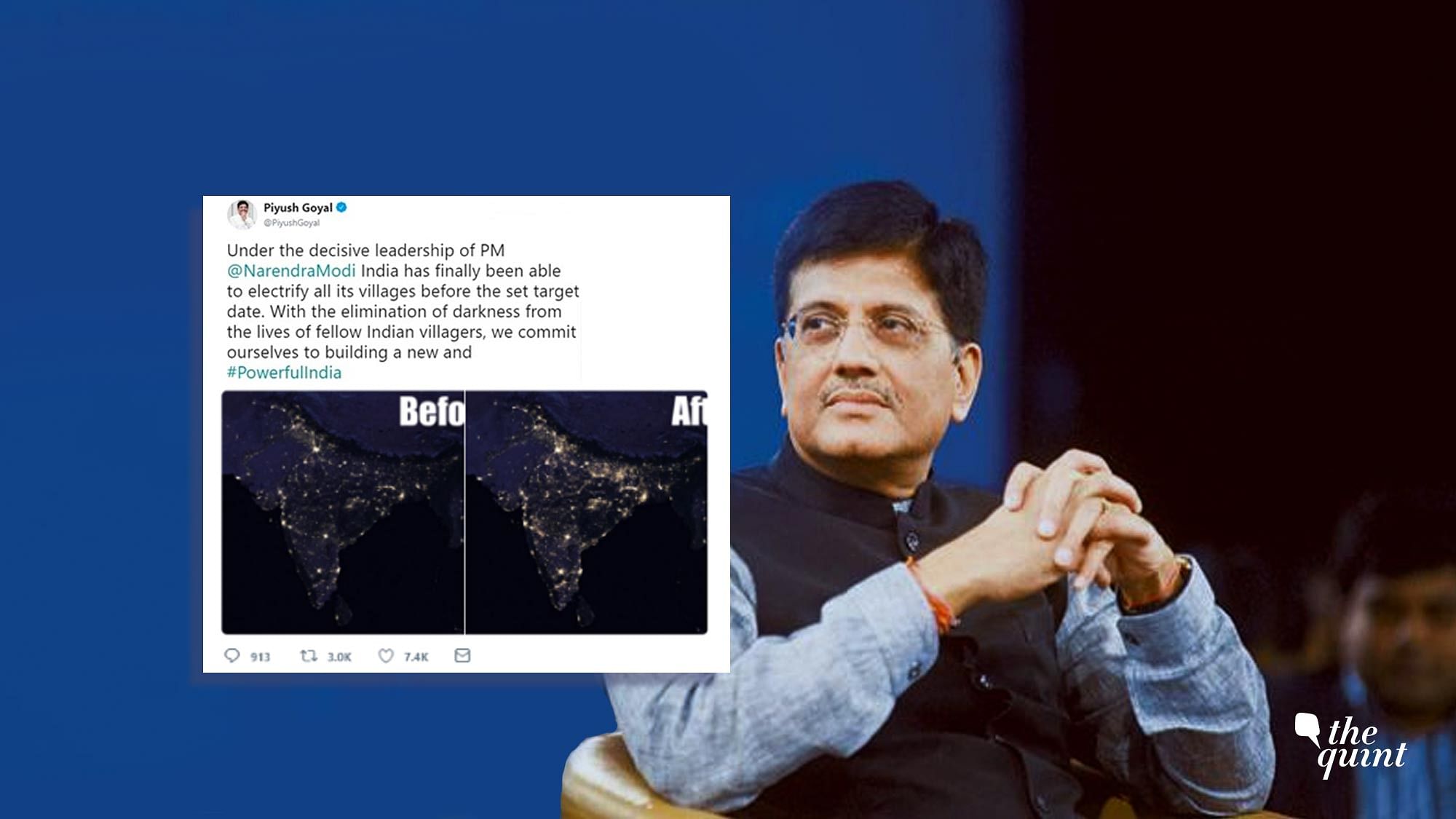 Railways Minister Piyush Goyal took to Twitter to congratulate PM Modi for successfully electrifying Indian villages.