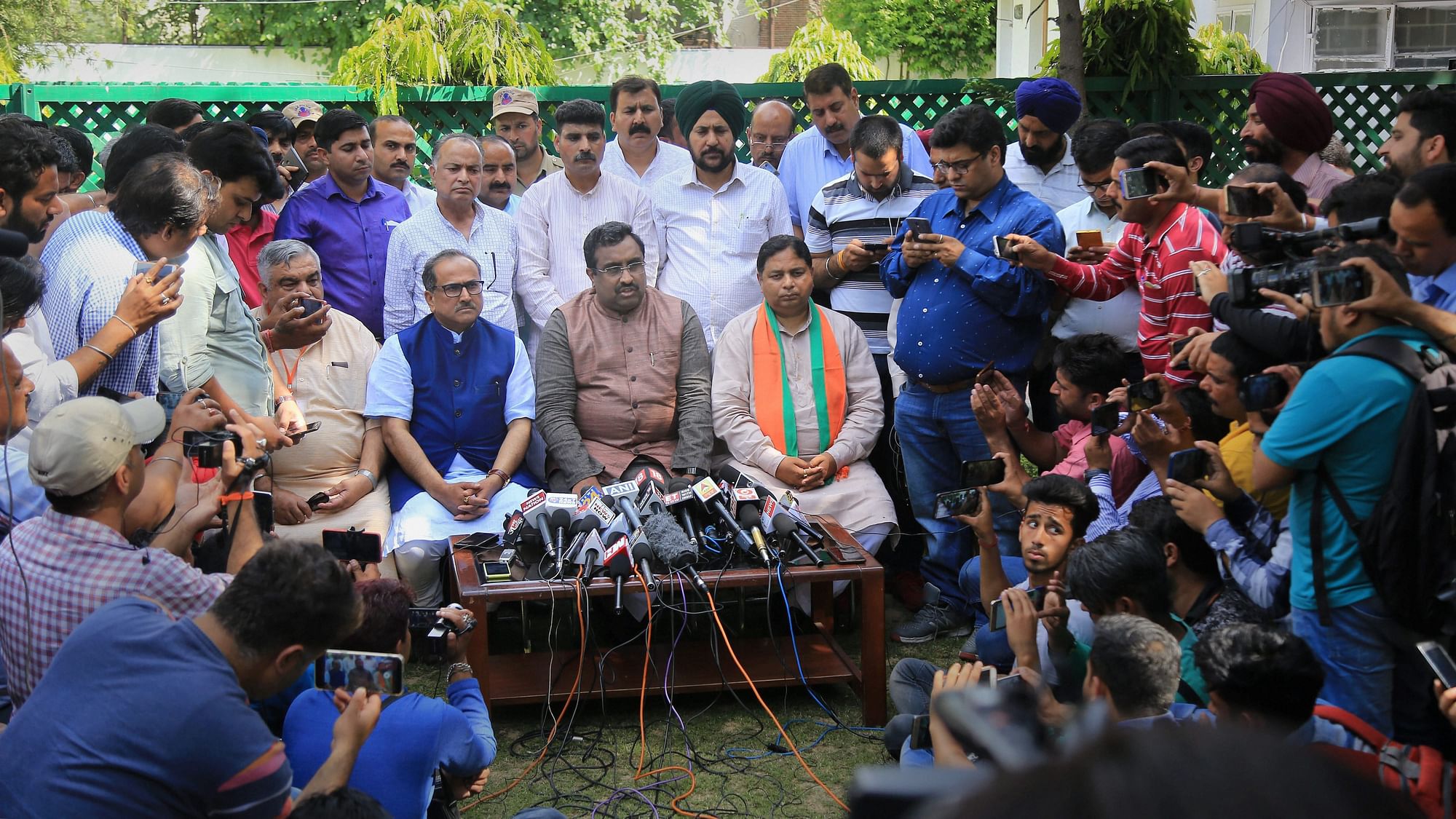 Ram Madhav, BJP general secretary addresses a press conference over Kathua rape case in Jammu.
