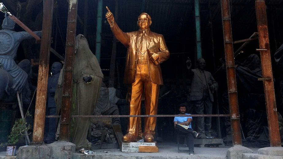 A statue of B R Ambedkar on display for rent at a workshop in Mumbai.