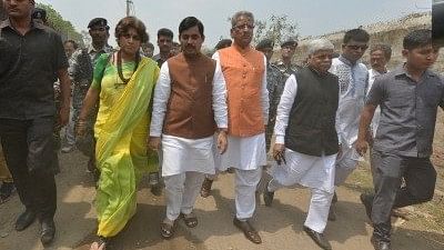 The four-member BJP delegation comprising of party Vice President Om Mathur and MPs Shahnawaz Hussain, Roopa Ganguly and BD Ram during their visit to the violence-hit areas of Asansol.