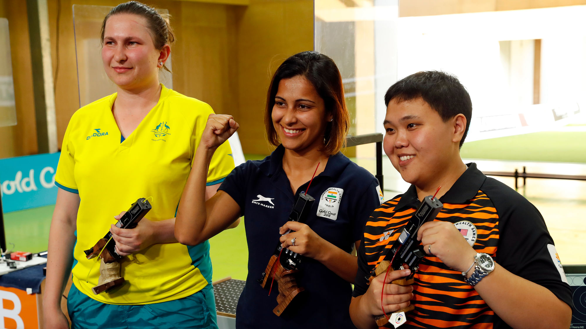 Gold medalist Heena Sidhu of India, silver medalist Elena Galiabovitch of Australia and bronze medalist Alia Sazana Azahari of Malaysia.&nbsp;
