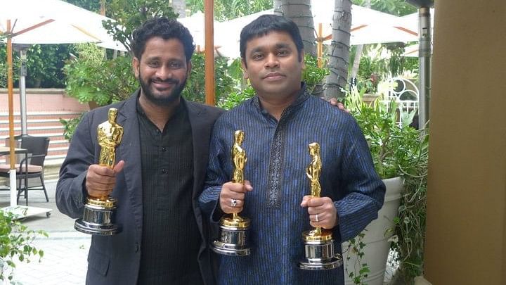 Resul Pookutty with AR Rahman after their Oscar win.