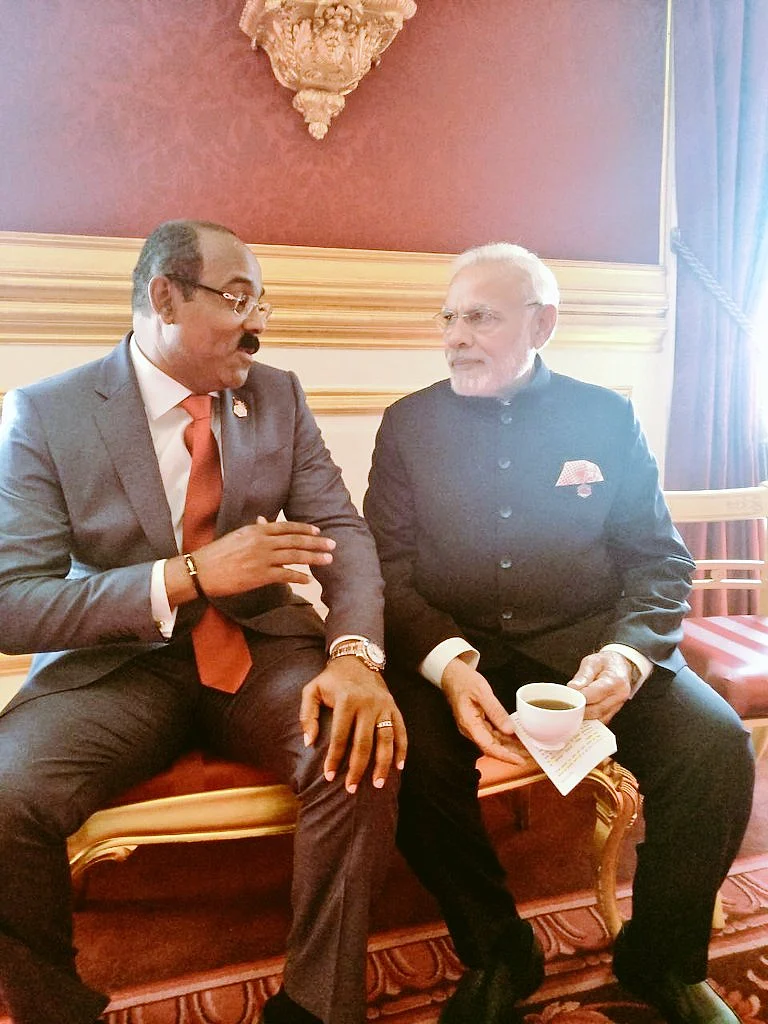 PM Modi meets with Gaston Browne, Prime Minister of Antigua & Barbua on the sidelines of the CHOGM