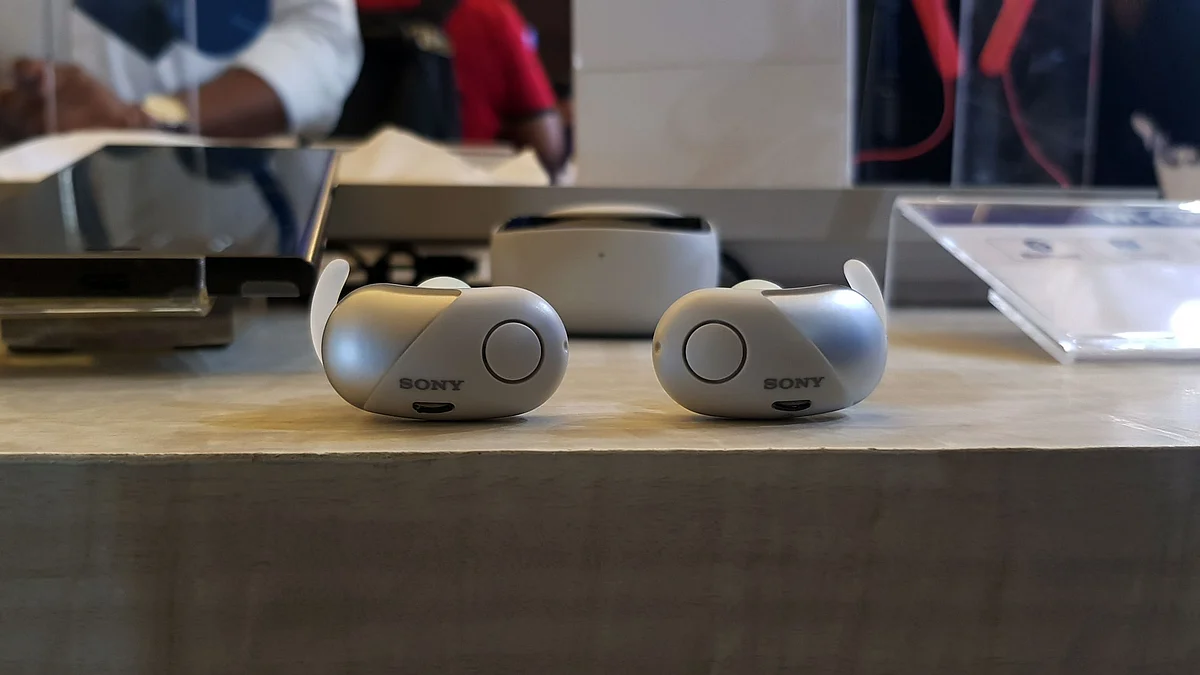 The Sony WF-SP700N wireless headphones