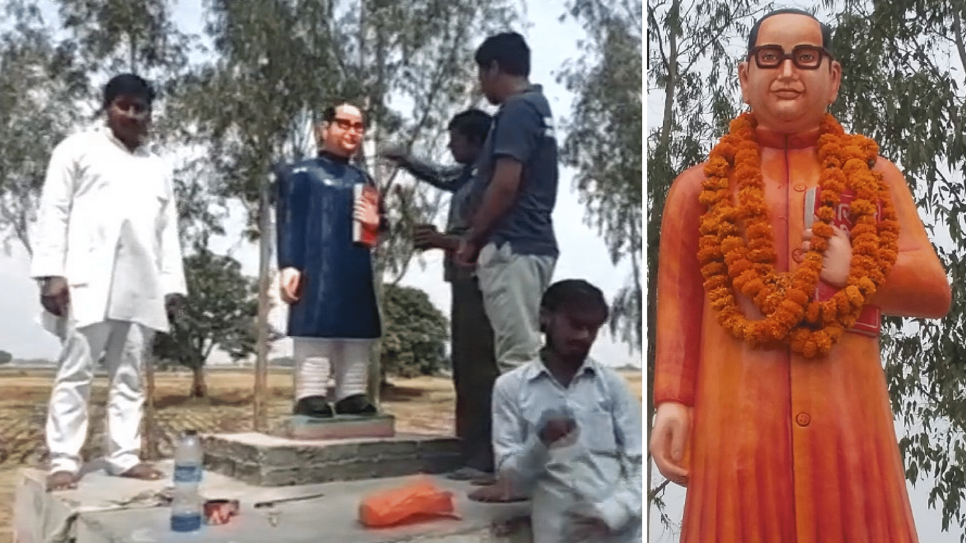 The Ambedkar statue which was earlier saffron (right) was painted blue by BSP leader Himednra Gautam.
