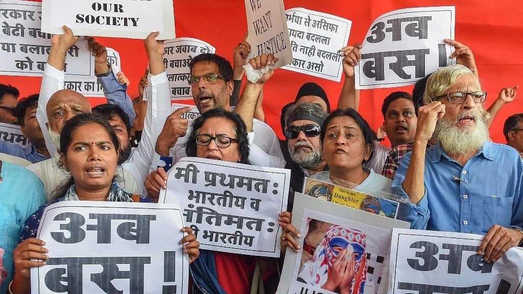 Activists from Left parties participating in a protest against the government’s alleged inaction in the Kathua rape case.&nbsp;