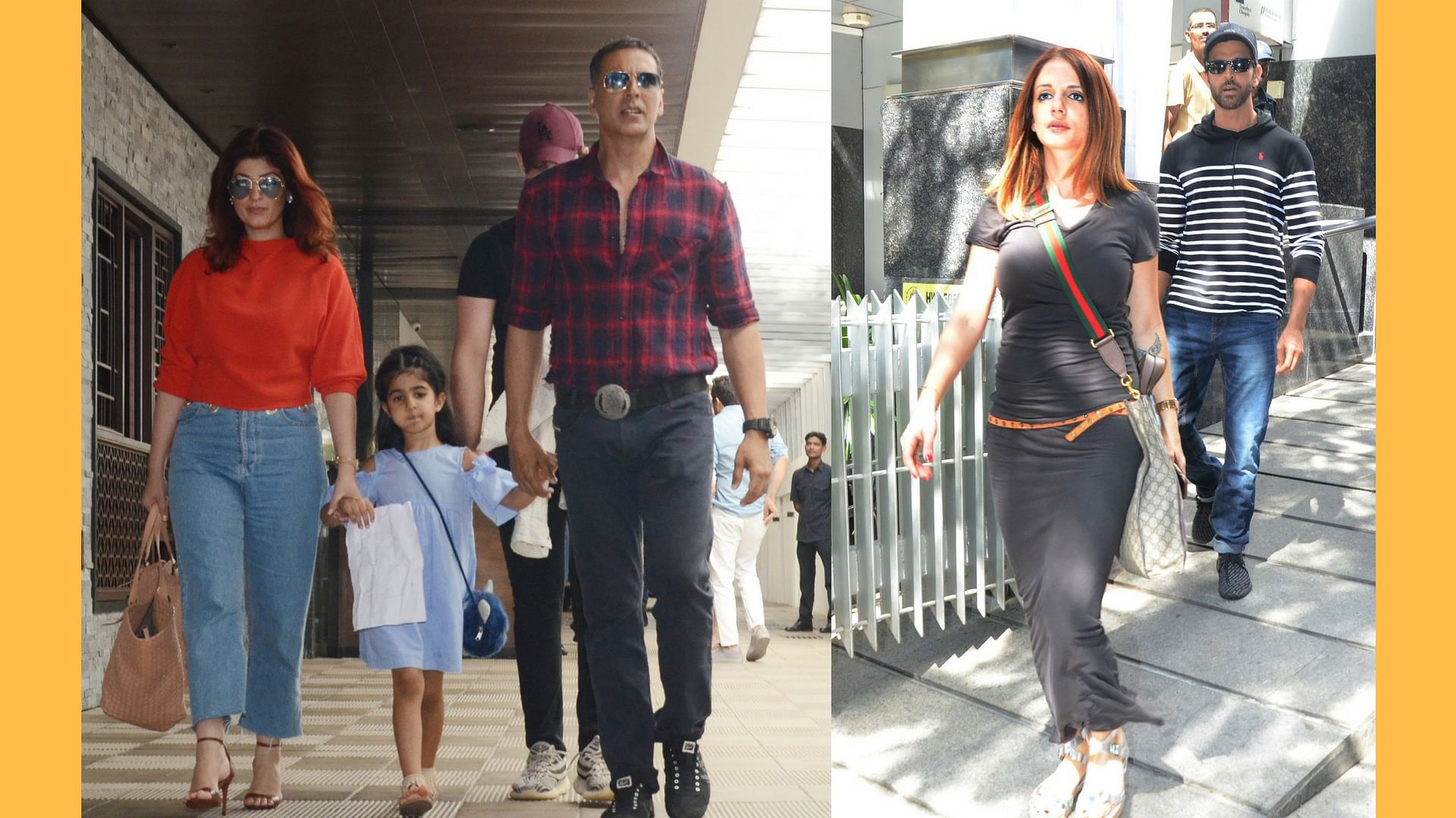 Twinkle Khanna and Akshay Kumar with daughter Nitara; Suzanne and Hrithik Roshan.