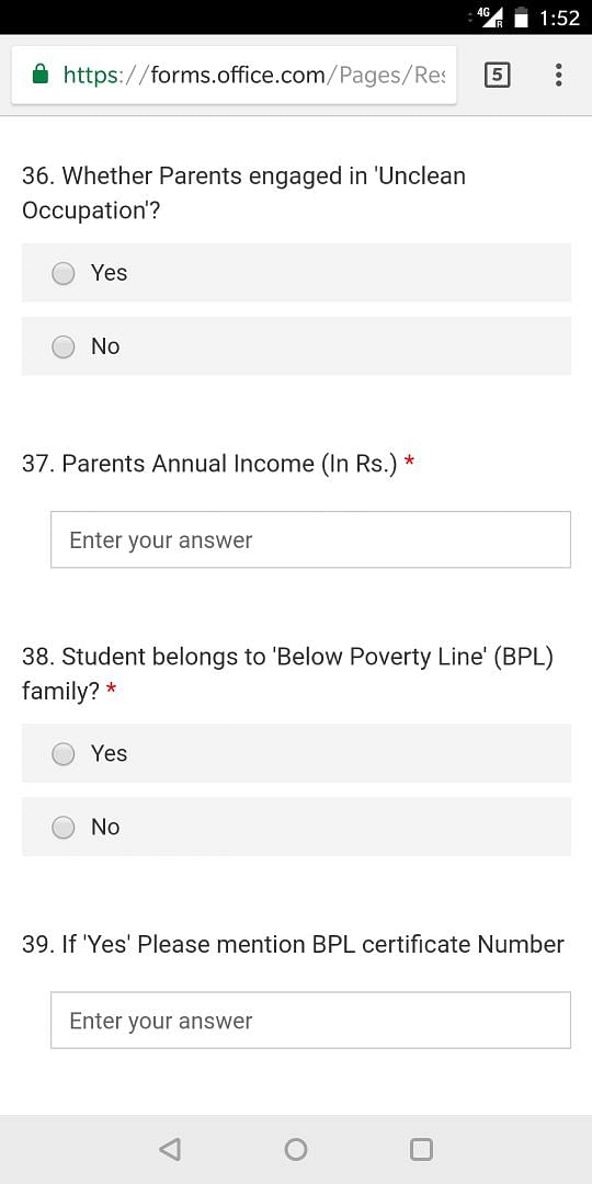 A two-page form asks students to furnish personal and family data, including religion, caste, and Aadhaar details.